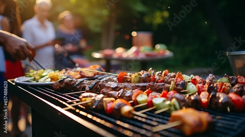 Friends and Family Enjoying Barbecue Party in Cozy Backyard with Stone Grill and Picnic Tables