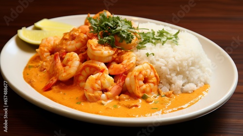 Delicious Coconut Shrimp Curry with Rice and Cilantro on a White Plate