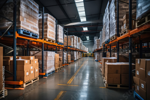 Large retail warehouse with shelves , Warehouse storage in cardboard boxes and packages, Logistics and transportation background