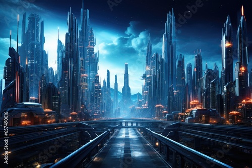 Abstract background with futuristic city and road. Cyberpunk  retrofuturism