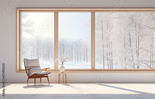 Empty living room with a snowy scene in the background