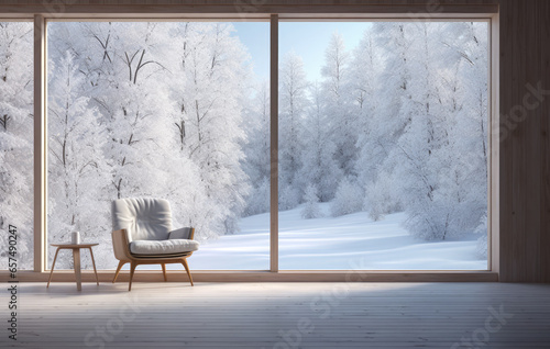 Empty living room with a snowy scene in the background