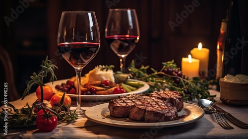 Romantic dinner for two with grilled steaks  roasted vegetables  and red wine on a wooden table