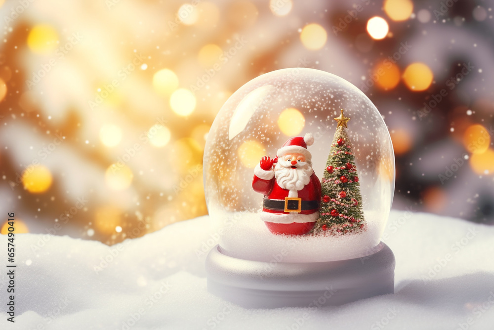 Tiny cute Santa Claus contained within a sphere glass bottle on snow background.Merry Christmas and Happy new year concept.