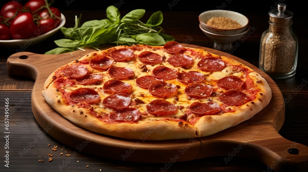 Delicious Pepperoni Pizza from a Traditional Italian Pizzeria with Stone-Baked Crust Delicious Pepperoni Pizza from a Traditional Italian Pizzeria with Stone-Baked Crust