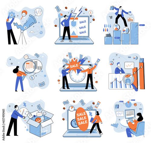 Promotion discount sale. Vector illustration. Flash sale online, game of fast fingers and faster checkouts Sales index, mood ring of marketplace Forecast of future sales, pathfinder in wilderness