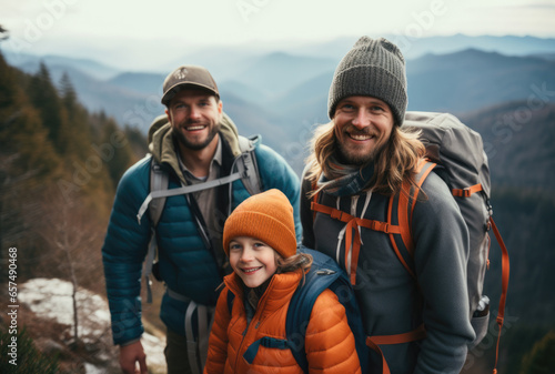 A same-sex family of men and a child travels in the mountains.
