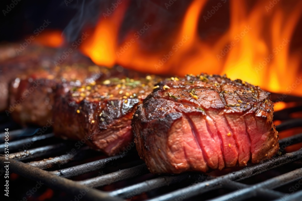 zoomed-in shot of sizzling cut of beef on the grill zoomed-in shot of sizzling cut of beef on the grill