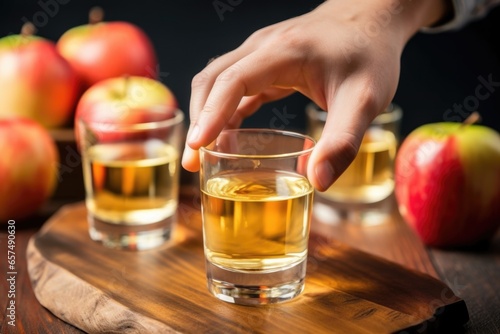 hand garnishing apple cider vinegar drink with fresh apples photo
