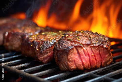 zoomed-in shot of sizzling cut of beef on the grill