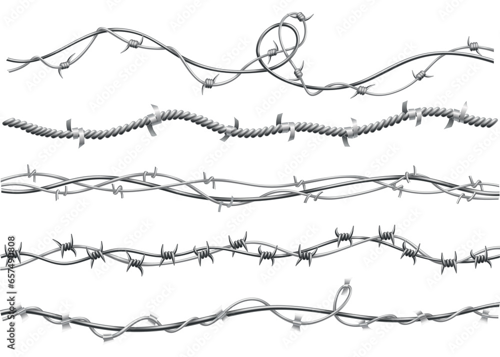 Barbed wire set. Fencing strong sharply pointed elements, twisted around, art pattern. Industrial barbwires, protection concept design. Modern metallic sharp elements for area protection
