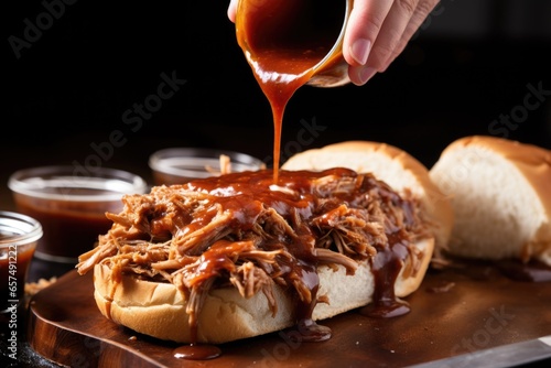 hand smearing sauce on pulled pork for a barbecue sandwich