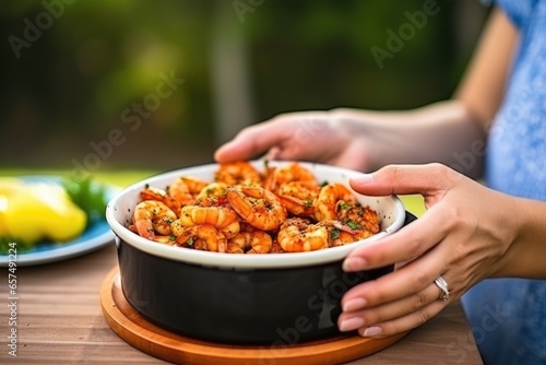 hand holding a dish of barbecued shrimps, ready to serve
