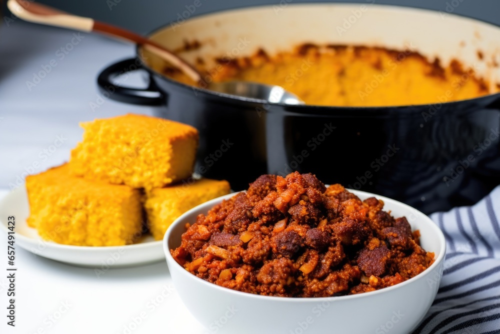 filling a bowl with chili beside a pile of bbq cornbread