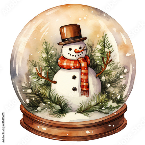 Watercolor Vintage Christmas in Cozy Winter House and Snowman in a Snow Globe Festive Watercolor Clipart for Holiday Decorations, isolated On A White Background