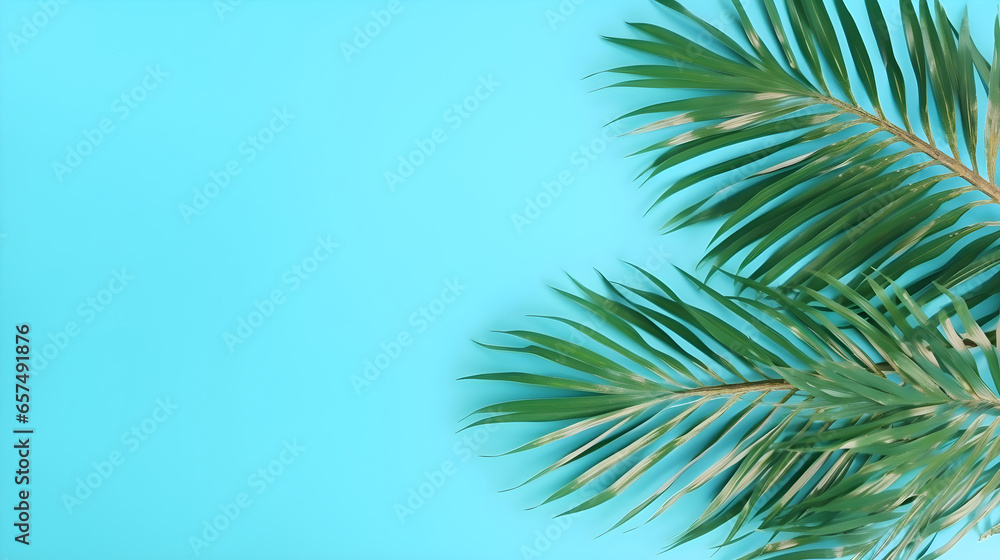 Creative layout of colorful tropical palm leaf on pastel blue background. minimal summer exotic concept with copy space, flat lay.