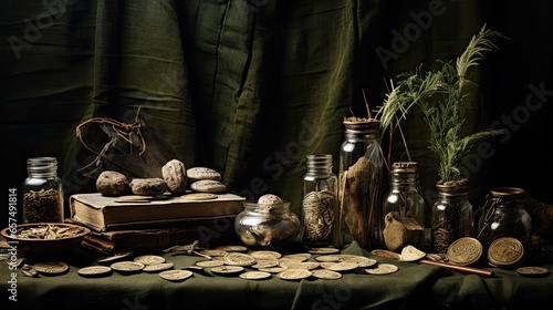 Eerie ensemble of dried herbs, vials of potions, and ancient coins on an olive green tapestry