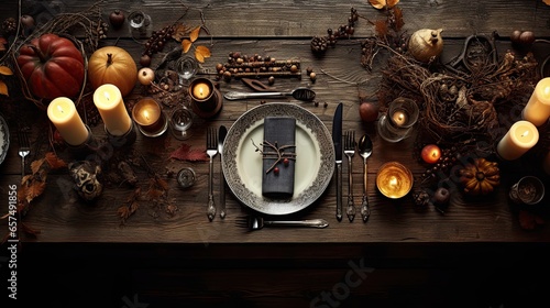 Gothic-inspired spread of antique silverware and candles, surrounded by autumn leaves on a dark wooden table