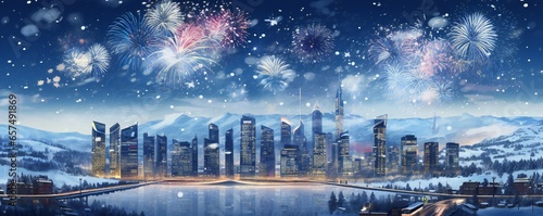 Happy new year snowy city with fireworks Generative AI