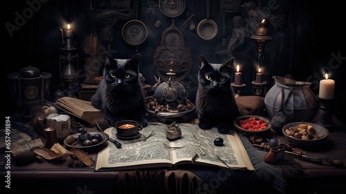 Magical flat lay of black cats, cauldrons, and old scrolls on a mystical navy fabric