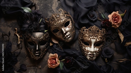 Vintage flat lay of ornate masks, lace gloves, and dark roses on an aged parchment surface © Filip