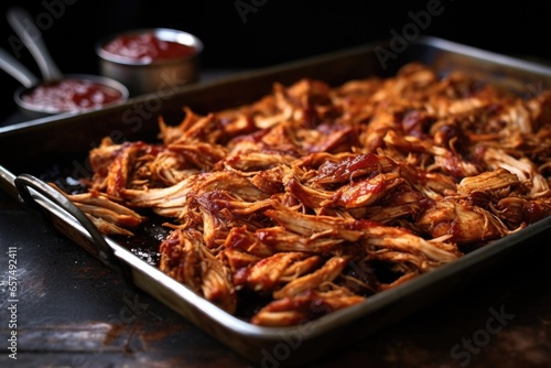 close shot: messy pulled chicken with bourbon bbq sauce on metal tray