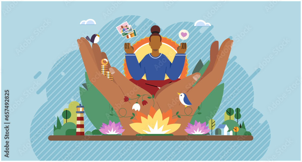 Fototapeta premium Wellbeing metaphor. Vector illustration. Support of professional growth, compass guiding career progression Support insurance, lifebuoy amidst turbulent waters of professional life Employee wellbeing