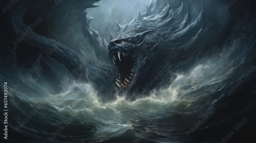 Charybdis a Greek sea monster causes chaos and destruction in the ocean. Illustration of a deadly whirlpool from inside. Fantasy art of a mystical shipwreck in a whirlpool storm. - obrazy, fototapety, plakaty 