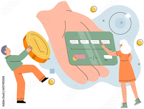 Cash back, money saving with man holds dollar coin and client with credit card. Guarantee bonus program finance concept. Online shopping, sale offer, cashless purchases, deposit and loan in hand