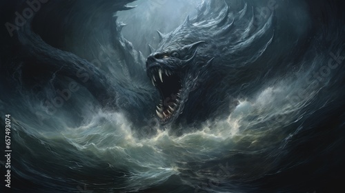 Charybdis a Greek sea monster causes chaos and destruction in the ocean. Illustration of a deadly whirlpool from inside. Fantasy art of a mystical shipwreck in a whirlpool storm.