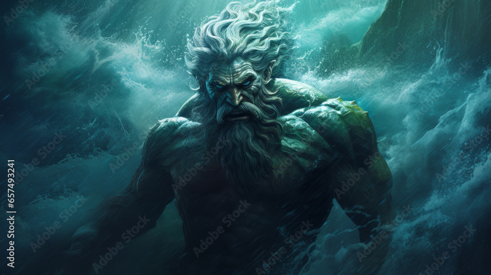 Painting of Poseidon a powerful male god with a beard, the Greek god Poseidon. Olympian god of Sea and underwater, Poseidon, illustration. Art of an ancient mythological male god, portrait.