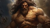 Painting of Hercules a brutal, muscular male, with a beard, the Greek hero. Olympian legendary fighter, Hercules, illustration. Art of an ancient mythological male fighter, portrait.