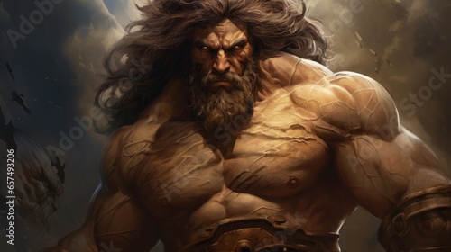 Painting of Hercules a brutal, muscular male, with a beard, the Greek hero. Olympian legendary fighter, Hercules, illustration. Art of an ancient mythological male fighter, portrait. photo