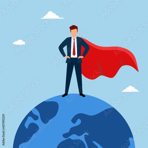 Business worldwide winner, achievement, victory or international success, win global competition, globalization business concept. Businessman superhero standing on planet earth.