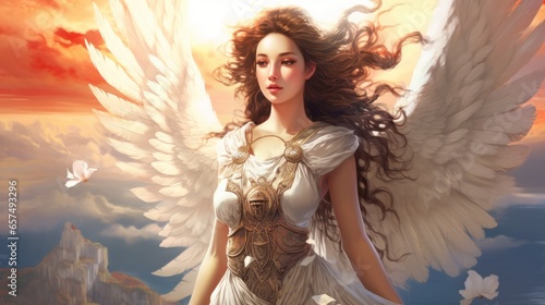 Painting of a beautiful woman, the Greek goddess Aphrodite. Olympian god of sexual love and beauty, aphrodite, illustration. Art of an ancient mythological female goddess with white wings. photo