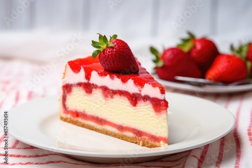 close-up of a slice of strawberry cheesecake on a white plate