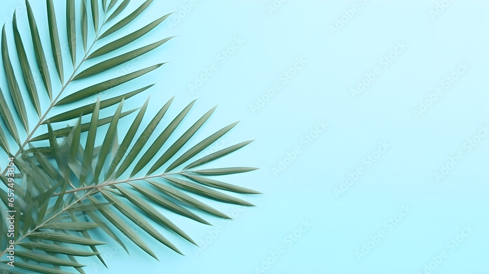 Copy Space with Palm Leaves on the corner isolated on Green Blue Background.