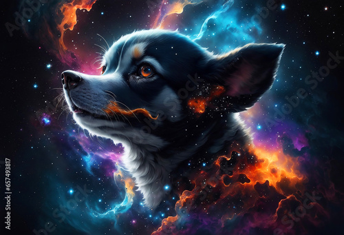 Illustration of a Puppy Dog in Space Nebula with Glowing Galaxy Universe Background. Esoteric and Wild Animal Concept Design for Poster, Banner, Invitation, Greeting Card or Cover. Ai Generated.