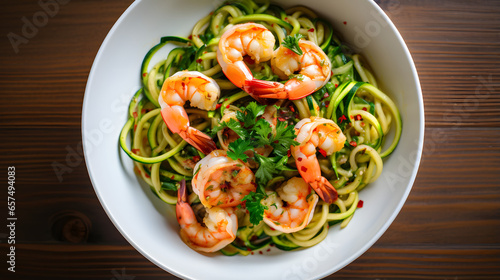 A bowl of pasta with shrimp and zucchini noodles