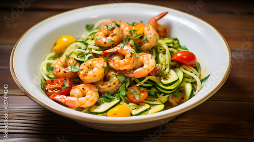A bowl of pasta with shrimp and zucchini noodles