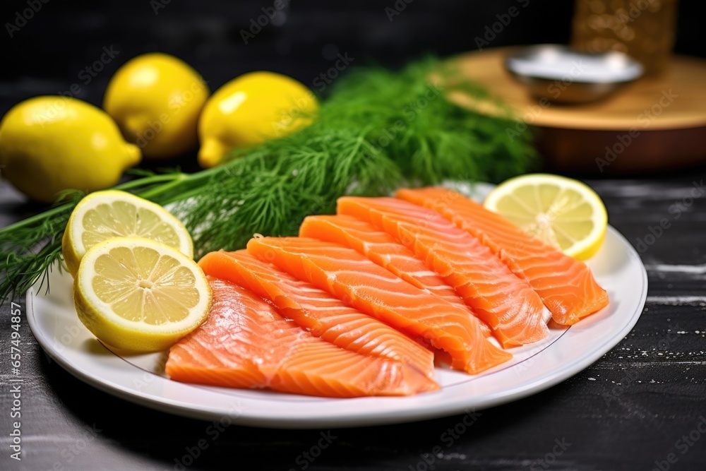 chilled smoked salmon, lemon wedges, and dill on plate