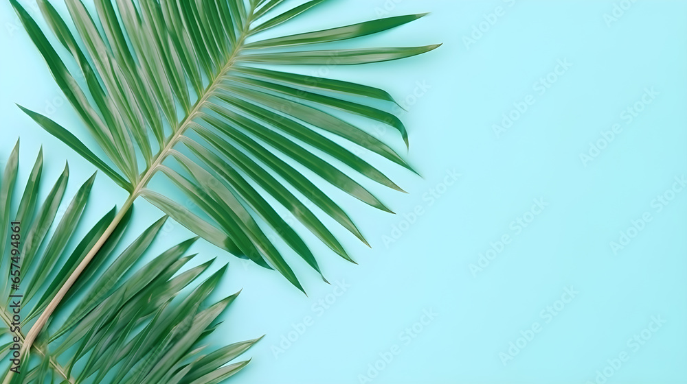 Copy Space with Palm Leaves on the corner isolated on Green Blue Background. Copy Space with Palm Leaves on the corner isolated on Green Blue Background.