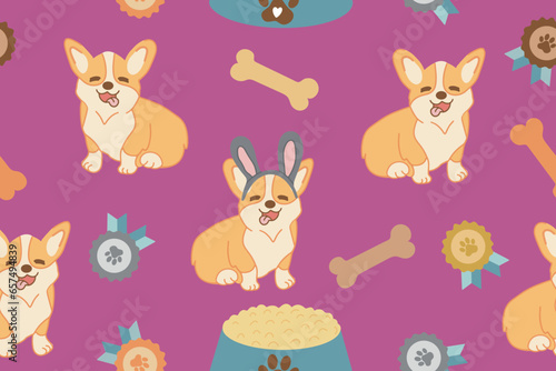 Seamless pattern with cartoon Corgi dog pattern and medals. Vector illustration on a pink background. 