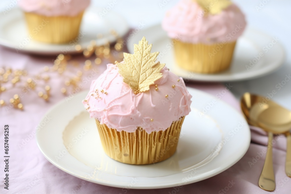 a pale pink cupcake with edible gold leaf detailing