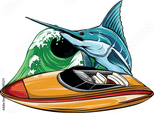 vector illustration of speedboat with marlin fish