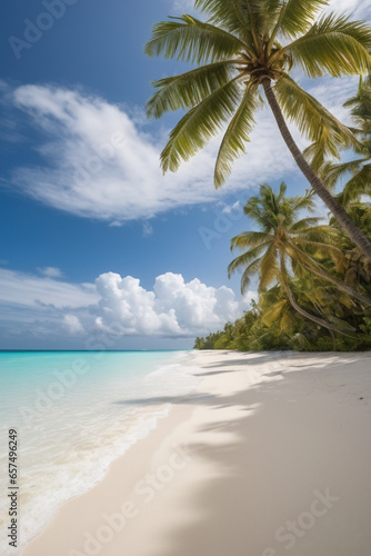 Amazing island beach. Tropical landscape of summer scenery, white sand with palm trees.