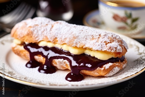 blueberry jam-filled eclair dusted with icing sugar on a saucer