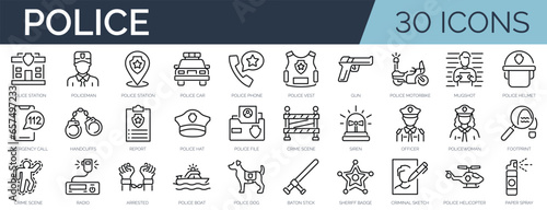 Set of 45 outline icons related to police. Linear icon collection. Editable stroke. Vector illustration
