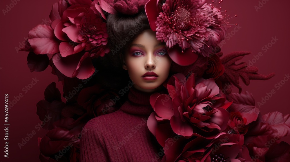 Fashion girl with maroon color flowers in hair. Maroon color concept. Beautiful face of young sensual attractive brunette  woman. Fantasy style. Art Portrait of a beautiful girl with pro makeup.