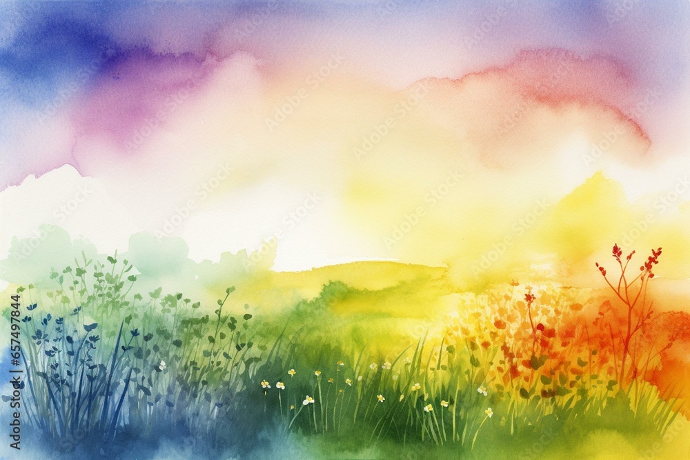 Watercolor painting of a colorful grass field with a white rainbow background. Generative AI